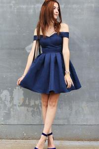 A Line Off the Shoulder Short Royal Blue Satin Sleeveless Homecoming Dress APH0233