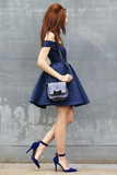 A Line Off the Shoulder Short Royal Blue Satin Sleeveless Homecoming Dress APH0233