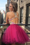 V Neck Embroidery Backless Homecoming Dresses Short Prom Dress APH0234