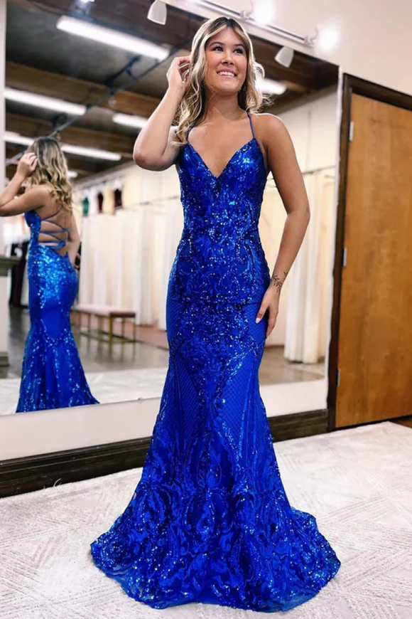 Charming Mermaid V Neck Royal Blue Sequins Long Prom Dresses APP0805