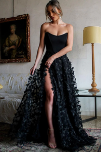 Charming A Line Strapless Black Lace Prom Dresses APP0806