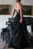Charming A Line Strapless Black Lace Prom Dresses APP0806