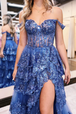 Cute A Line Sweetheart Navy Blue Tulle Sequins Lace Prom Dresses with Slit APP0809
