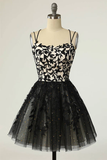 Straps Black Appliques Short Prom Dress Homecoming Dress with Sequins APH0235