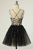 Straps Black Appliques Short Prom Dress Homecoming Dress with Sequins APH0235