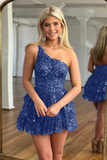 One Shoulder Blue Lace Sequins Prom Dress, Short Homecoming Dress APH0236