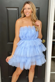 Sky Blue Tiered A Line Tulle Short Homecoming Dress Strapless Party Gown APH0240