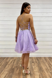 V Neck A Line Purple Tulle Prom Dresses with Belt, Backless Short Homecoming Dresses APH0241