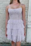 Bling Bling Strapless Layered Lilac Short Prom Dress, Strapless Lilac Homecoming Dress APH0242