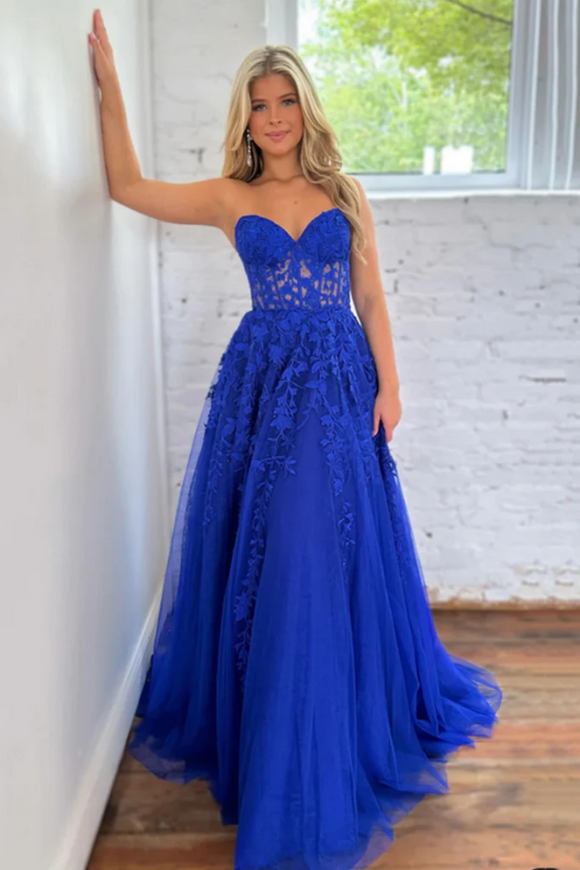 Strapless Blue Lace Long Prom Dress, Blue Lace Formal Dress, Blue Tulle Evening Dress APP0810