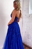 Strapless Blue Lace Long Prom Dress, Blue Lace Formal Dress, Blue Tulle Evening Dress APP0810