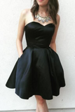 Black Strapless Sweetheart Pockets Backless Ainsley Satin A Line Homecoming Dresses Pleated APH0244