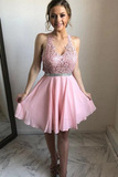 A Line Short Lace Appliques Sleeveless V Neck Scarlet Pink Homecoming Dresses APH0246