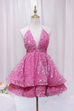 Pink V-Neck Sequins Short Prom Dress, Pink A-Line Backless Party Dress APH0247