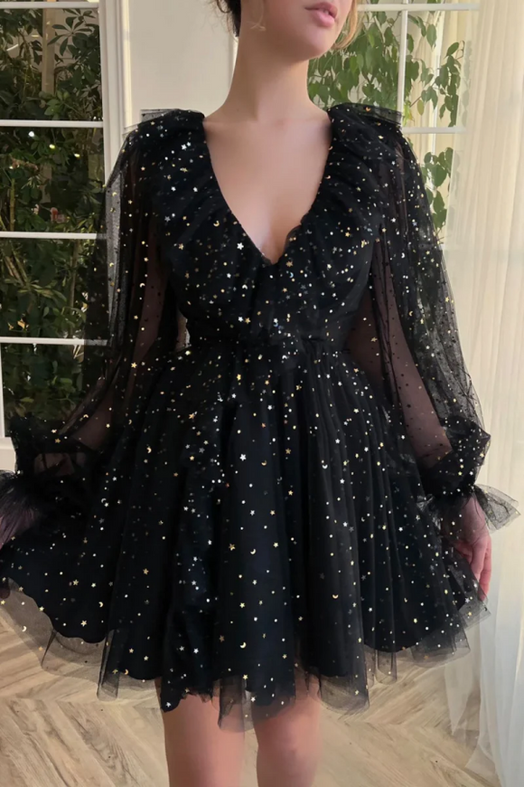 Black V Neck Tulle Short Prom Dress, Cute A Line Long Sleeve Party Dress APH0249