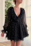 Black V Neck Tulle Short Prom Dress, Cute A Line Long Sleeve Party Dress APH0249