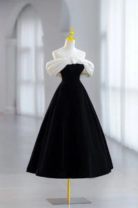 White and Black Velvet Short Prom Dress, Black Off Shoulder Evening Dress APP0811