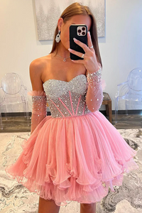 A Line Sweetheart Beads Pink Long Sleeves Party Dress, Cute Homecoming Dress APH0250