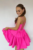 Cute A Line Spaghetti Straps Satin Pink Homecoming Dress, Hot Pink Short Graduation Dress APH0251