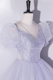 Beautiful Light Blue Tulle Sequins Prom Dress, Scoop Neck Short Sleeve Puffy Floor Length Evening Dress APP0814