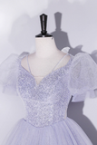 Beautiful Light Blue Tulle Sequins Prom Dress, Scoop Neck Short Sleeve Puffy Floor Length Evening Dress APP0814
