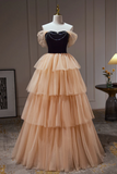 Pretty Champagne Off The Shoulder Beading A Line Tulle Long Prom Dresses APP0816