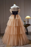 Pretty Champagne Off The Shoulder Beading A Line Tulle Long Prom Dresses APP0816