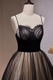 Simple Black Spaghetti Straps Lace A Line Tulle Long Prom Dresses APP0817