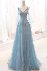 Dusty Blue Sparkly Tulle Long Prom Dress, A Line Spaghetti Strap Evening Dress APP0818