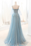 Dusty Blue Sparkly Tulle Long Prom Dress, A Line Spaghetti Strap Evening Dress APP0818
