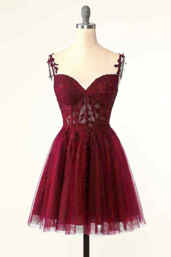 Burgundy A Line Tulle Lace Short Prom Dress, Cute Burgundy Homecoming Dress APH0254