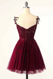 Burgundy A Line Tulle Lace Short Prom Dress, Cute Burgundy Homecoming Dress APH0254