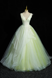 Charming Tulle Lace Green Prom Dresses, V Neck Sleeveless Floor Length Formal Evening Dresses APP0820