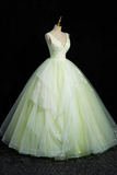 Charming Tulle Lace Green Prom Dresses, V Neck Sleeveless Floor Length Formal Evening Dresses APP0820