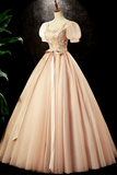 Lovely Tulle Sequins Long Prom Dress, A Line Short Sleeve Evening Party dress APP0821