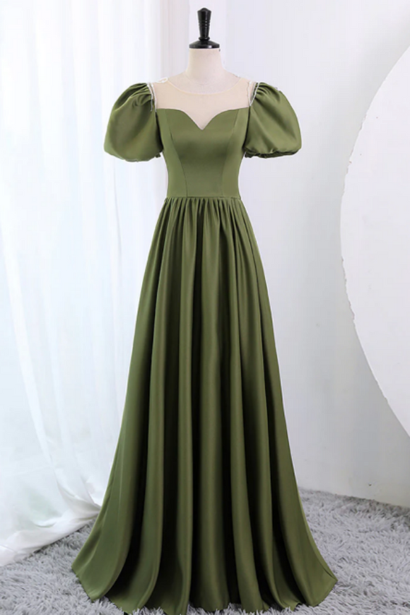 A Line Scoop Neckline Puff Sleeves Satin Long Green Prom Dress, Green Formal Dress APP0822