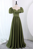 A Line Scoop Neckline Puff Sleeves Satin Long Green Prom Dress, Green Formal Dress APP0822