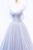 A Line Off Shoulder Tulle Sequin Gray Long Prom Dress, Gray Tulle Formal Dress APP0826