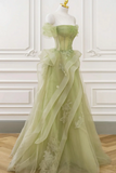 Green Tulle Lace Long Prom Dress with Corset, Green Formal Party Dress APP0827
