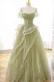 Green Tulle Lace Long Prom Dress with Corset, Green Formal Party Dress APP0827