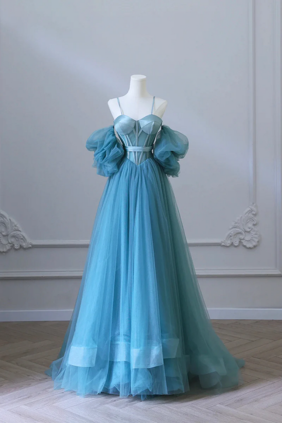 Blue Tulle Long Spaghetti Strap Prom Dress and Corset, Detachable off Shoulder Party Dress APP0828