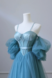 Blue Tulle Long Spaghetti Strap Prom Dress and Corset, Detachable off Shoulder Party Dress APP0828