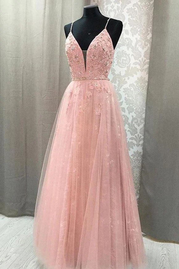 Blush V Neck Prom Dresses with Rhinestone Long Prom Dresses with Appliques APP0830