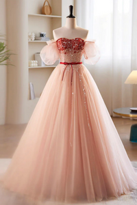 A Line Sweetheart Neck Sequin Tulle Pink Long Prom Dress, Pink Formal Dress APP0831