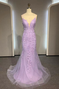 V Neck Mermaid Purple Lace Prom Dresses, V Neck Mermaid Purple Lace Formal Evening Dresses APP0833