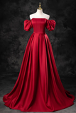 A Line Burgundy Satin Long Prom Dress, Burgundy Long Evening Dress APP0834
