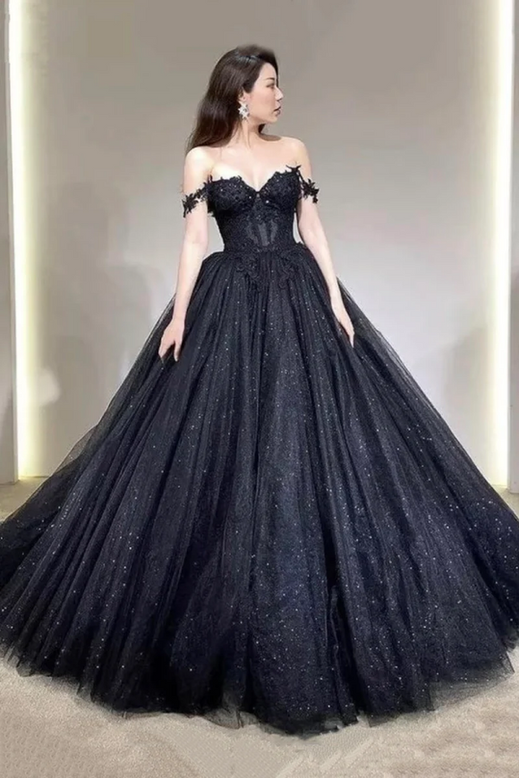 Black Off the Shoulder Tulle Lace Princess Dress, Shiny Tulle Floor Length Evening Party Dress APP0835