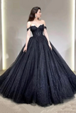 Black Off the Shoulder Tulle Lace Princess Dress, Shiny Tulle Floor Length Evening Party Dress APP0835