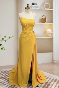 Simple Yellow Satin Long Prom Dress, Yellow Formal Dress APP0836