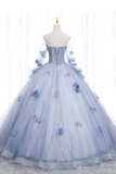 Off The Shoulder Blue Tulle Prom Dress With Flowers, Princess Quinceanera APP0839